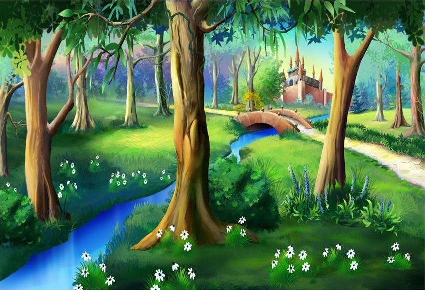 Toile de fond de Dessin animé forêt château Photo Studio  G-583