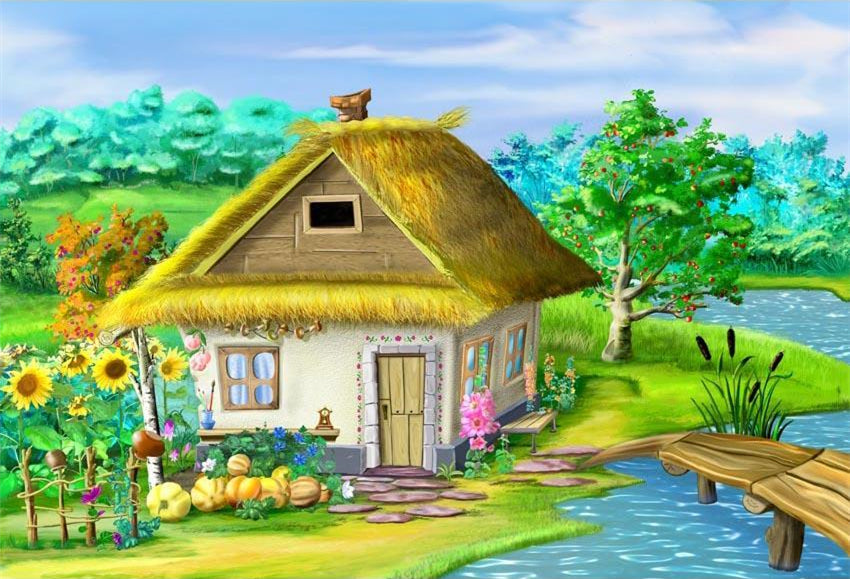 Toile de fond de Dessin animé traditionnel vieux village peinture numérique  G-597