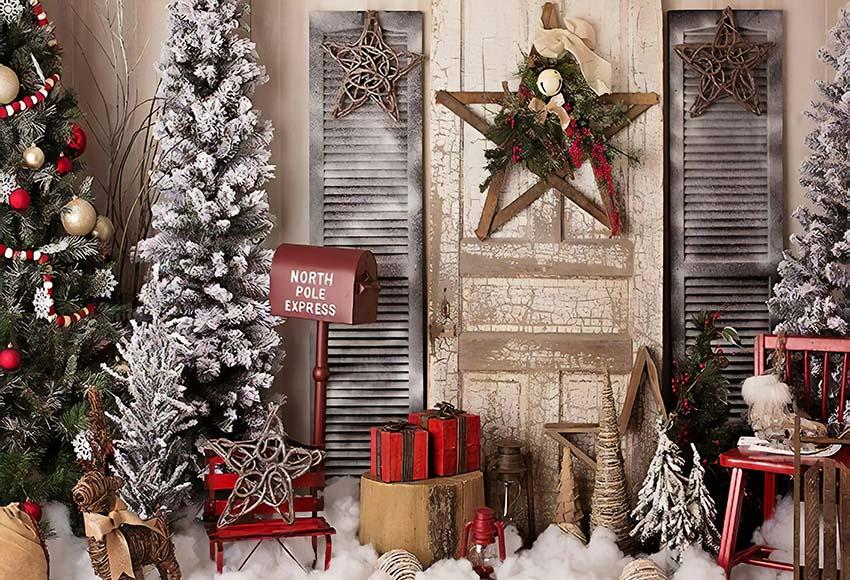 Toile De Fond De Noël Fond De Maison Décoré Arbres De Noël Boîte Aux Lettres Rouge Gx-1033