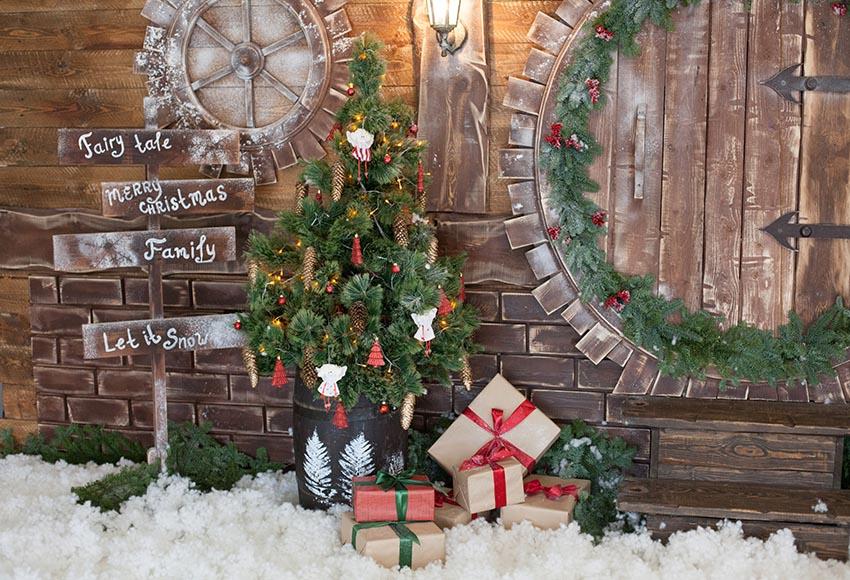Toile De Fond De Cadeaux D'Arbre De Noël De Porte En Bois Pour Noël Gx-1065