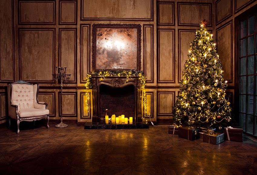 Toile De Fond De Décoration D'Intérieur De Cheminée D'Arbre De Noël Classique Gx-1099