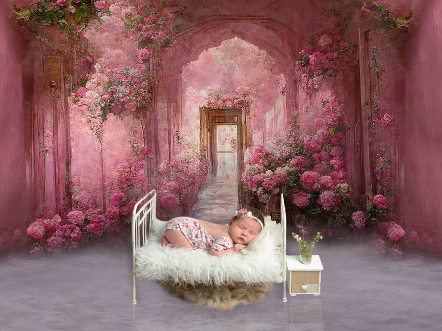 Toile de Fond Peinte de Couloir de Fleurs Roses M-26