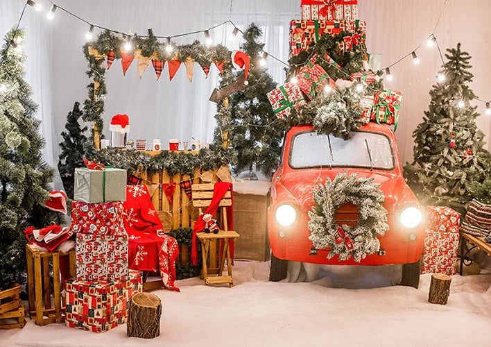 Voiture rouge Décoration de Noël Lumières du Nouvel An Toile de fond photo KAT-181