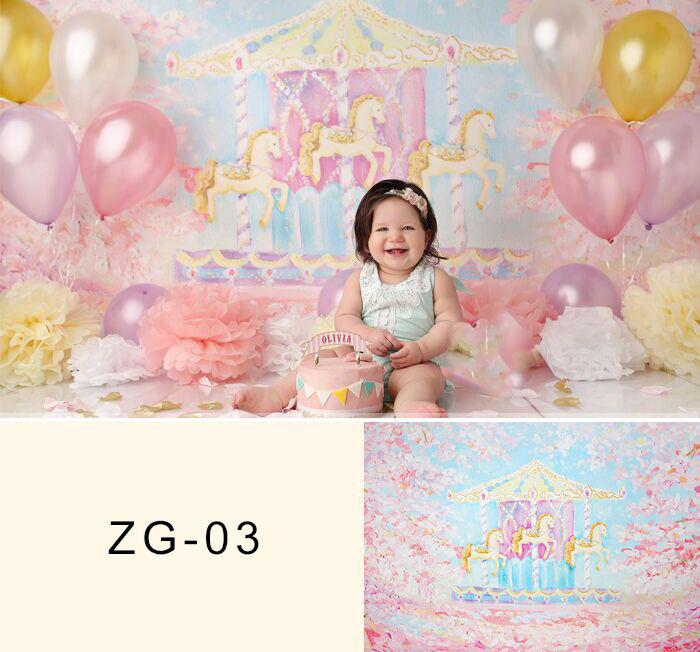 Toile De Fond Rose Nouveau-Né Fond Carrousel Peinture Fond Bébé Fille Photographie Zg-03